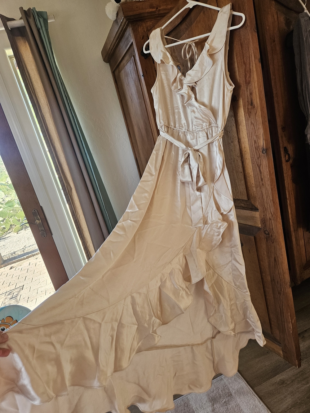 Skies Are Blue Champagne Satin Ruffle Wrap Maxi Dress - Picture 3 of 9